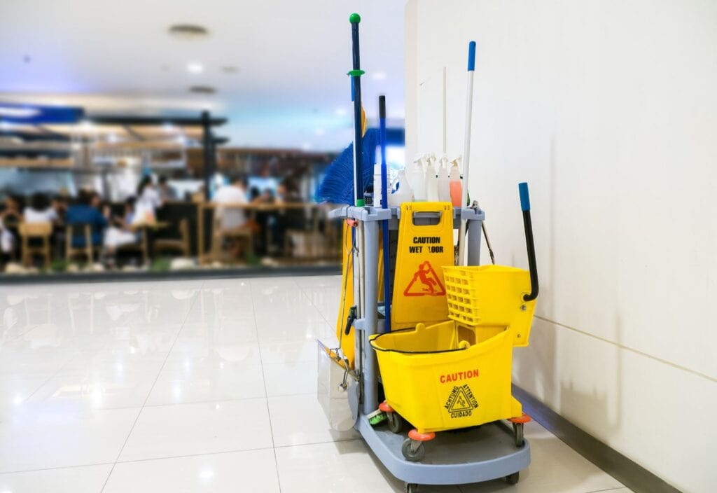 Janitor’s cart in a commercial building being cleaned by Canadian Carpet Cleaning & Janitorial Services